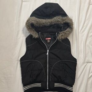 Black Hooded Vest with Faux Fur Trim